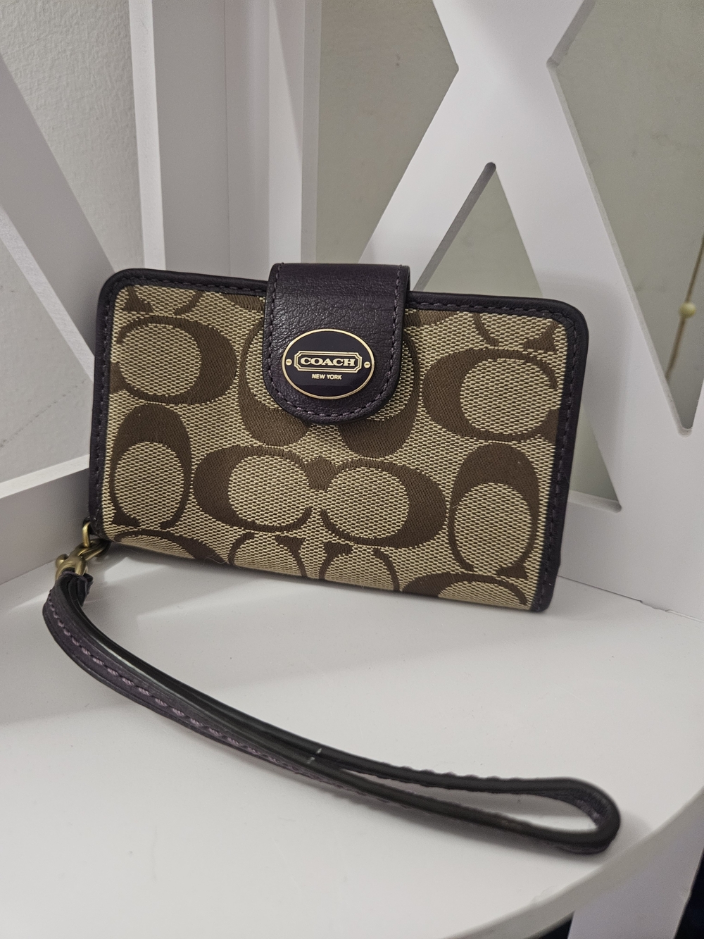 Coach Brown Signature Canvas Wristlet Card Holder with Leather Trim